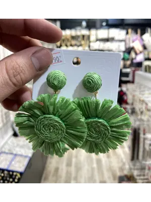 Yeşil Renk Hasır Küpe; Yazlık Model Çiçek & Yaprak Şeklinde