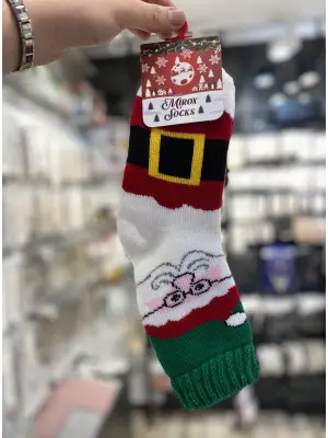 Noel Baba Figürlü Yılbaşı Çorabı Beyaz Kırmızı Yeşil Renkli Kalın Yetişkin