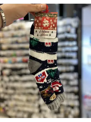 Kalın Üşütmez Siyah Beyaz Yeni yıl Yılbaşı Çorabı Kızaklı Geyik Figür