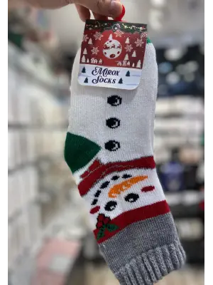 Düğmeli Beyaz Kardan Adam Baskılı Uzun Yılbaşı Çorabı