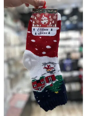 Ev Figürlü Yeni Yıl Çorabı Beyaz Kırmızı Mavi Renkli Noel