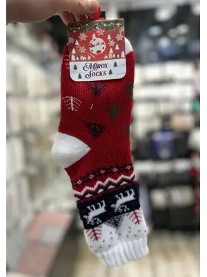 Geyikli Motifi Çam Ağacı Baskılı Kırmızı Beyaz Uzun Pamuklu Yılbaşı Çorabı