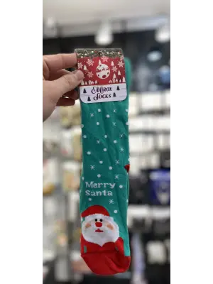 Merry Santa Yazılı Pamuklu Yılbaşı Noel Çorabı Turkuaz Renk
