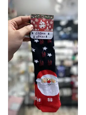 Siyah Renk Noel Baba Figür Kar Tane Detay Uzun Erkek Yılbaşı Çorap