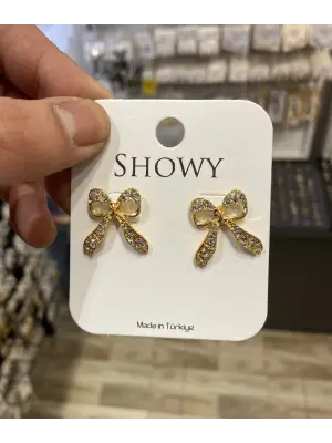 Sarı Renk Minik Minik Taşlı Kurdele & Fiyonk Küpe