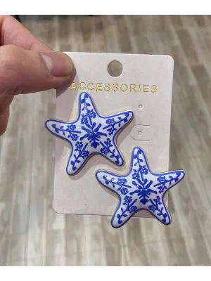 Mavi Renk Büyük Boy Çiçek Desenli Deniz Yıldızı Küpe