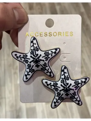 Siyah Desenli Mineli Renkli Deniz Yıldızlı Küpe