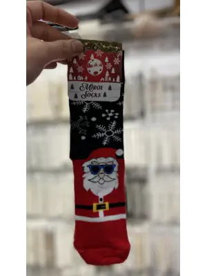 Gözlüklü Noel Baba Baskılı Yeşil - Kırmızı Renkli Penye Yolbaşı Çorap