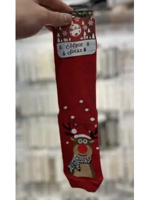 Yılbaşı Figürlü Pamuklu Uzun Yetişkin Çorap Kırmızı Renk