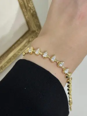 Damla Şeklinde Taşlı - Taşsız Abiyelik 14K Kaplama Çelik Kadın Bilekliği