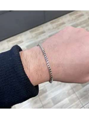İnce Sık Zincirli Gümüş Kaplama Paslanmaz Çelik Bileklik Erkek
