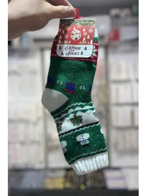 Hediyelik Kışlık Kalın Yılbaşı Çorap: Yeşil & Beyaz Renk Kardam Adamlı