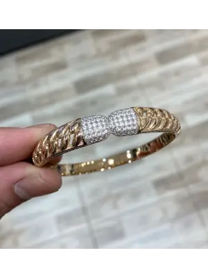 Rose Gold Renk Vip Suyolu Taş Detaylı 14K Çelik Kelepçe Bileklik
