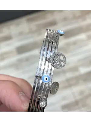 Kalın Gümüş Renk Kelepçe Bilezik: Hayat Ağacı & Yaşam Çiçeği & Nazar Boncuk