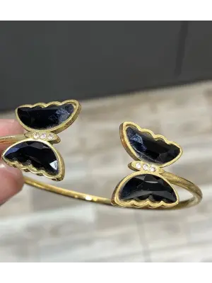 Siyah Taşlı Kelebek Figürlü Çelik Kelepçe Bilezik