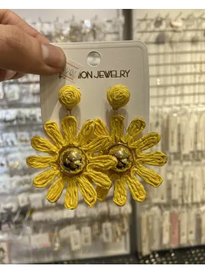 Hasır El Yapımı Sarı Papatya Çiçek Küpe