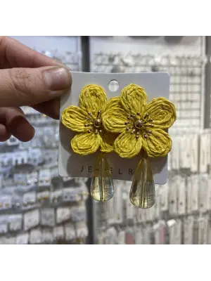 Büyük Boy Sarı Hasır Çiçek Küpe Şeffaf Sallantı Detaylı