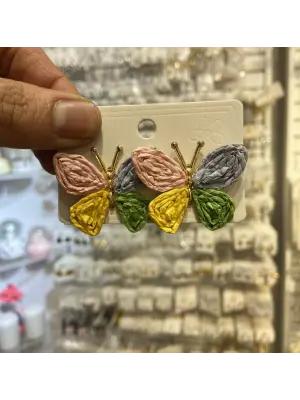 El Dokuma Örgü Hasır Renkli Kelebek Figürlü Küpe