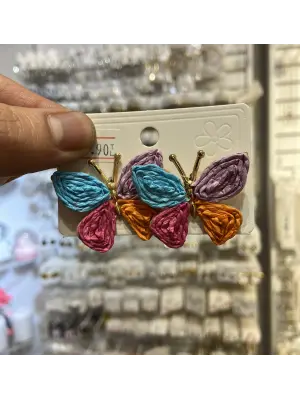 El Dokumalı Yazlık Kelebek Küpe - Mavi, Fuşya, Pembe Renkli