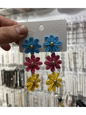 Çiçek Model Renkli 3 Katlı Uzun Sallantılı Yazlık Küpe