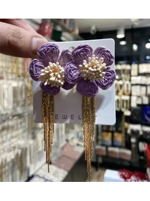 Fuşya Mor Renkli Altın Sallantı Saçaklı Yazlık Küpe Çiçek