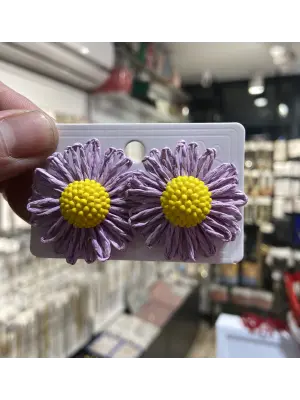 Pembe - Sarı Papatya Model Renkli Hasır Küpe