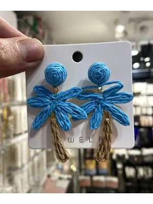 Palmiye Ağacı Küpe Mavi Renk Örgüden Yapılmış