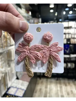 Pembe Renk Palmiye Ağacı Şeklinde Yaz Tatili Plajlık Küpe