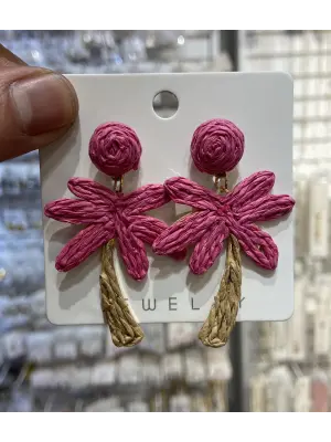 Renkli Yazlık Hasır Küpe: Koyu Pembe Palmiye Ağacı Model