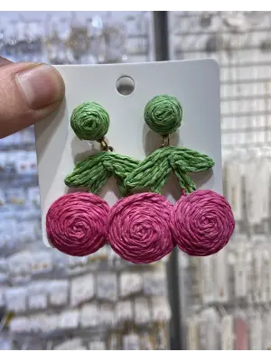 Yaz Tatillik El Yapımı Kiraz Figürlü Pembe Yeşil Kağıt Küpe