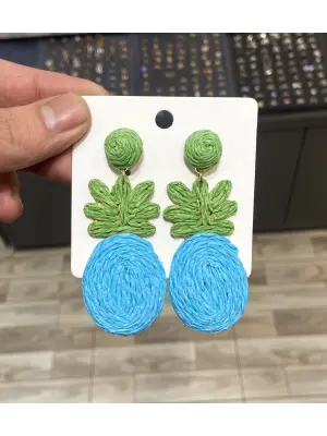 Mavi & Yeşil Renkli Yazlık El Dokuma Hasır Çelik Küpe