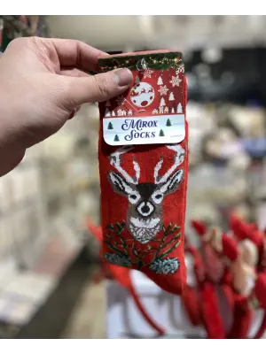 Erkek Uzun Yeni Yıl & Yılbaşı Temalı Çorap Geyikli Kırmızı