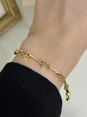 Pembe Taşlı Küçük Yıldız Figürlü Trend Kadın Çelik Bilekliği