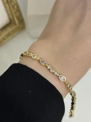 Damla & Yuvarlak Taşlı Çelik Sarı Renk 14K Vip Kadın Bileklik Abiyelik