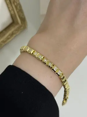 Altın Kaplama Taş Detaylı Kare Zincir Çelik Bileklik