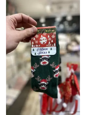Erkek Noel Yeni Yıl Temalı Termal Çorap: Uzun 41-46 Numara Yeşil Renk Geyikli