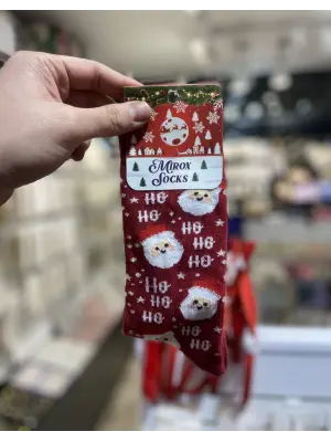 Ho Ho Ho Yazılı Kırmızı Renk Noel Babalı Yılbaşı Çorabı Uzun Model Unisex