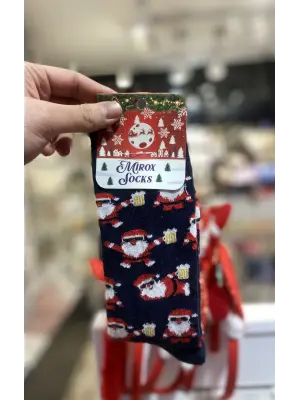 Koyu Mavi Termal Yün Dokuma Esprili Noel Temalı Erkek Çorap