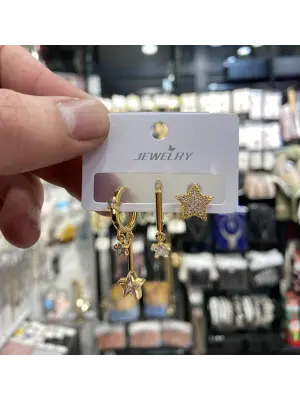 3’Lü Yıldız Figürlü Çelik Küpe Seti Gold Renk