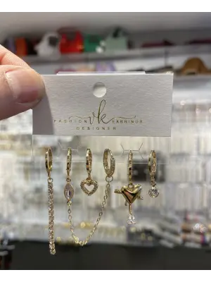6 Lı Çoklu Çelik Küpe Seti - Gold Renk Kalp, Suyolu, Sallantı Detay