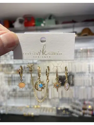 Kuzey Yıldızı Mavi Güneş Figürlü Çoklu Küpe Seti Altın Kaplama