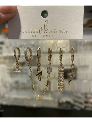 Şimşek Yılan Baget Üçgen Figürlü Halka Çoklu Küpe Seti Sarı Çelik