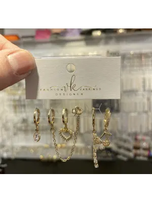 6’lı Çelik Küpe Seti: Gold Kiraz Sallantılı Kalp Su Yolu Motifli