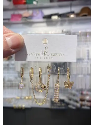Gold Renk 6lı Çelik Çoklu Set Küpe Kelebek Baget Motif