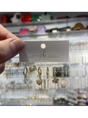 Kadın Çoklu 6lı Set Küpe - Kalp, Yonca, Damla Modelli