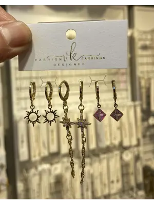 Gold Sallantılı Kuzey Yıldızı ve Güneş Motifli Halka 6 lı Küpe Seti