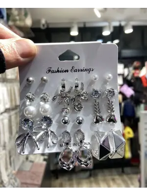 14 Çift Çelik Çoklu Set Küpe; Sarmal, Halka, Tektaş, Balık Figürlü