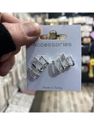 Çoklu Görünümlü Taşlı Kemik Küpe Gümüş Renk