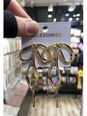 Altın Renk Büyük Boy Fiyonk & Kurdele Çelik Küpe