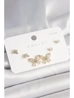 925 Ayar Çivi Gümüş Pirinç Gold Renk Zirkon Taşlı Kelebek Model Kadın Küpe Seti
